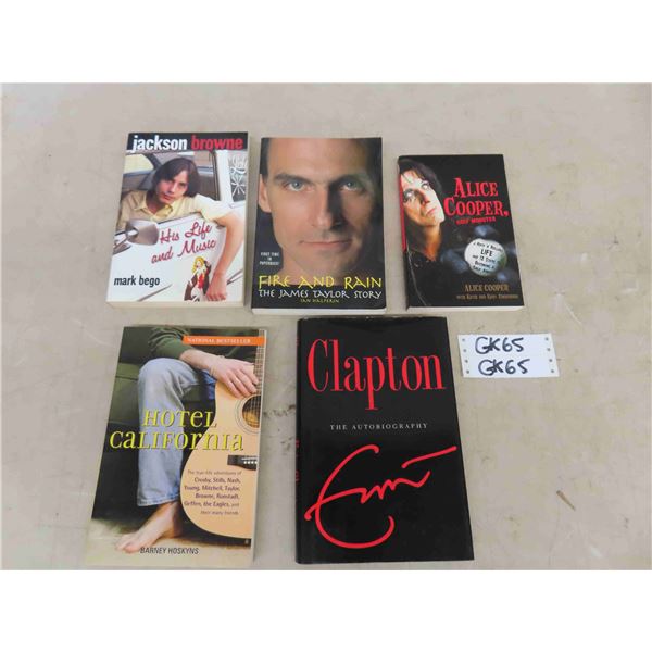 5 Assorted Rock n Roll Artist Biography Books ; Alice Cooper, Jackson Browne, 