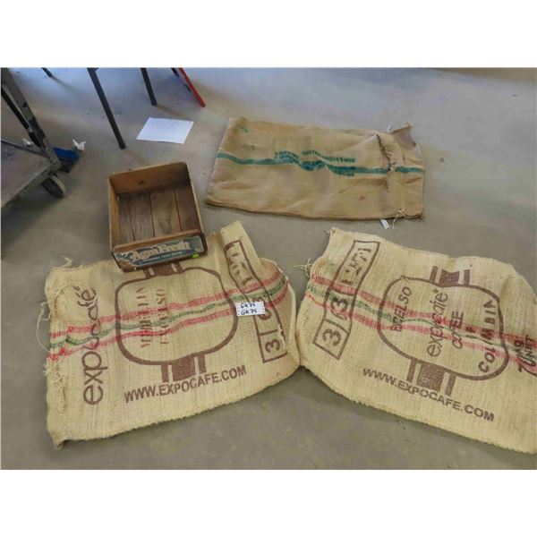 Vintage Wooden Fruit Box, 3 Burlap Coffee Bags