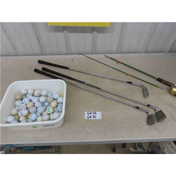 Tub of Assorted Golf Balls, 2 Wedges & 1 Putter , Fishing Rod