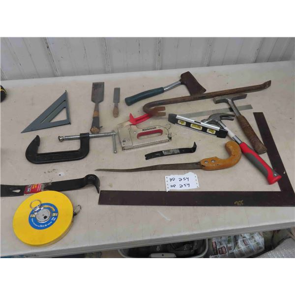 Carpentry Tools ; Square, Tape Measure, Wrecking Bar, Hatchet, Stapler, Hammer, 