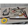 Image 1 : Carpentry Tools ; Square, Tape Measure, Wrecking Bar, Hatchet, Stapler, Hammer, 