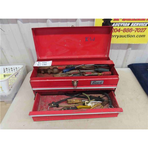 Beach 2 Drawer Hinged Top Tool Box with some Tools ; Wrenches, Snips, Screwdrivers