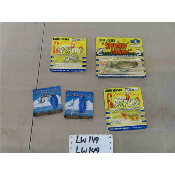 3 Luhr Jensen Packaged Lures ; 2 Fireplugs, Spinny Minny + 2 Busch Hooks in Packs