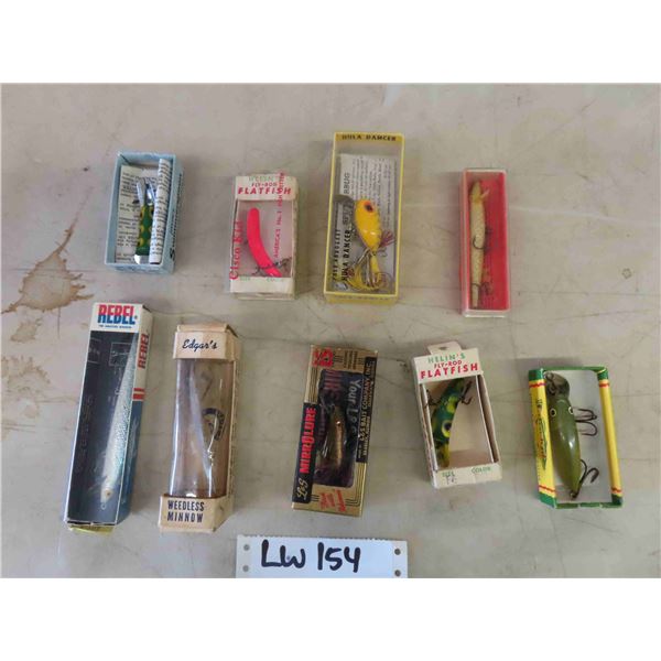 9 Various Vintage Fishing Lures in Original Boxes ; Edgars, Helin's, Rebel, Mirrolure, 