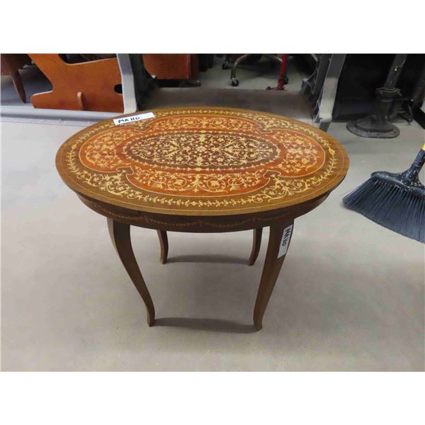 Small Wooden Table with Oval Lift Top + Music Box - Nice Inlay on Lid, Music Box 