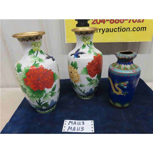 3 Vintage Cloisonne Vases - 2 Matching Floral 12" Tall & Oriental Dragon