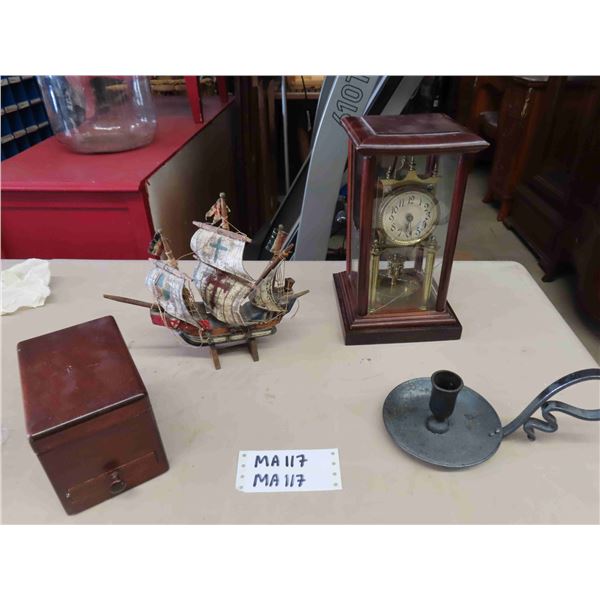 Glass Covered Brass + Wood Mantle Clock Made in Germany, Small Wooden Boat, 