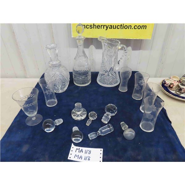 Crystal + Cut Glass ; Pitcher, Decanters, Floral Etched Glasses + Stoppers
