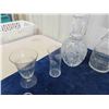 Image 4 : Crystal + Cut Glass ; Pitcher, Decanters, Floral Etched Glasses + Stoppers