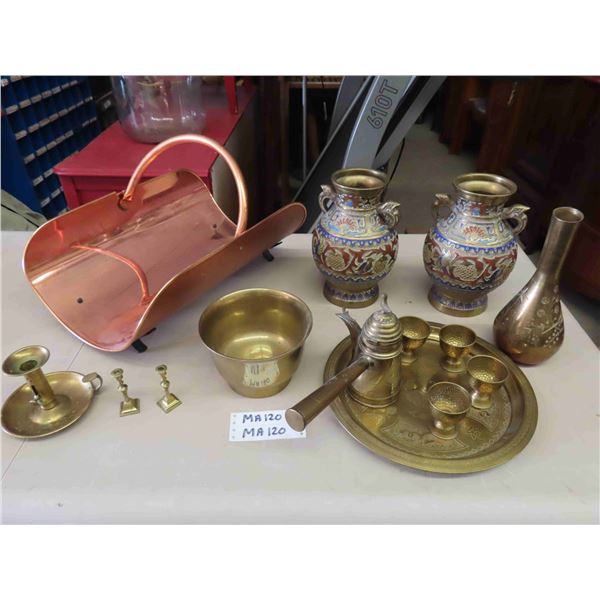 Various Brass Vases, Bowls, Candle Holder, Serving Set, Copper Log Holder