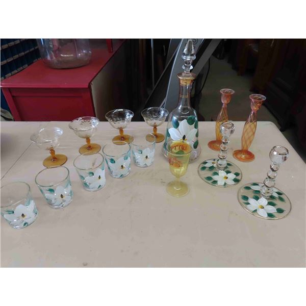 Hand Painted Floral Decanter + Glass, Matching Candle Holders, Stemware, 2 