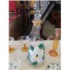 Image 2 : Hand Painted Floral Decanter + Glass, Matching Candle Holders, Stemware, 2 