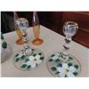 Image 4 : Hand Painted Floral Decanter + Glass, Matching Candle Holders, Stemware, 2 