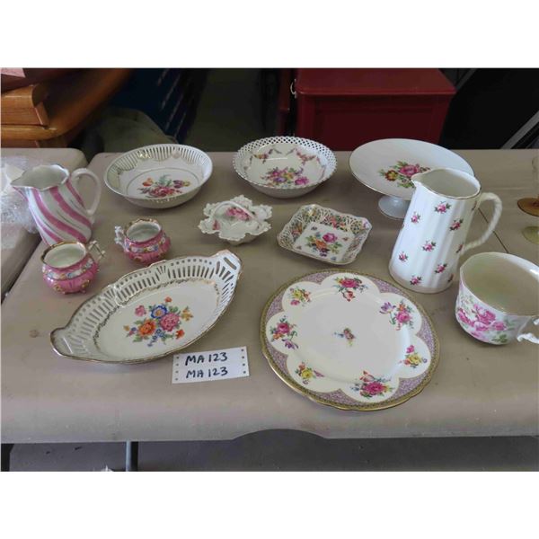 Assorted Floral Pattern Porcelain China ; Pitcher, Cake Plate, Bowls, Cups, plus more