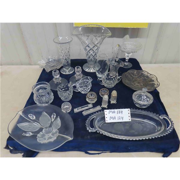 Large Variety of Crystal + Cut Glass; Vases, Candle Holders, Trays, Creamers, plus more