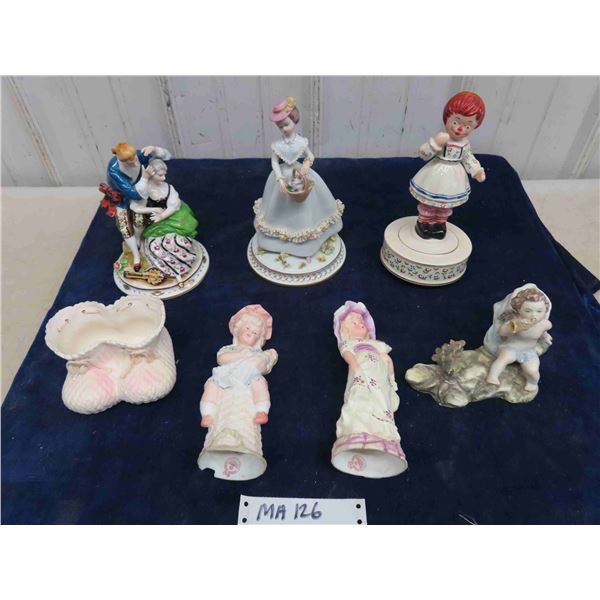 Assorted Porcelain China Figurines ; Raggedy Anne Musical, Boy with Horn, Baby Boots,