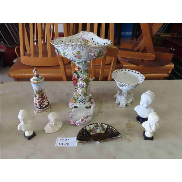 Nice Vintage Porcelain China ; Dresdon Footed Bowl, Capodimonte Tall Jar with Lid, 