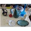 Image 1 : Russel Wright Ceramic Pitcher, Blue Glass Decanter, Large Colored Glass Bowl, 