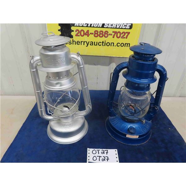 2 Barn Lanterns ; Beacon Silver & Dietz Blue