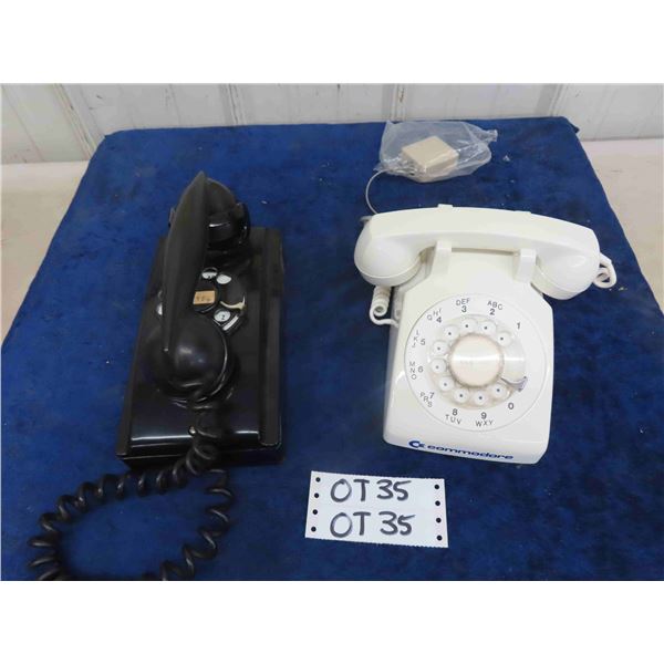 2 Vintage Rotary Phones - White Label Top, Black Early Hard Plastic ( maybe Bakelite?) 