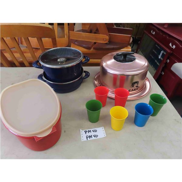 Westland Aluminum Cake Holder, Blue Pot + Strainer, Tupperware Bread Holder + 