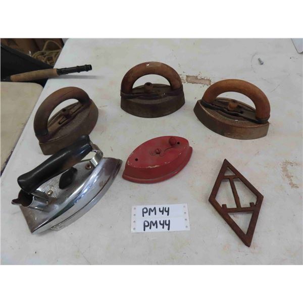 Assorted Sad Irons with Handles - 1 Without, 1 Chrome Iron, Cast Trivet