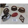 Image 1 : Assorted Sad Irons with Handles - 1 Without, 1 Chrome Iron, Cast Trivet