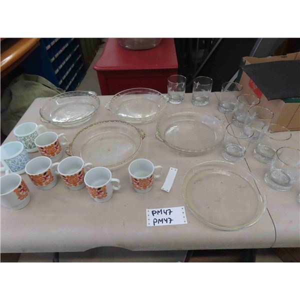 5 Pyrex Pie Plates, Assorted Coffee Cups, 9 Heavy Base Glasses