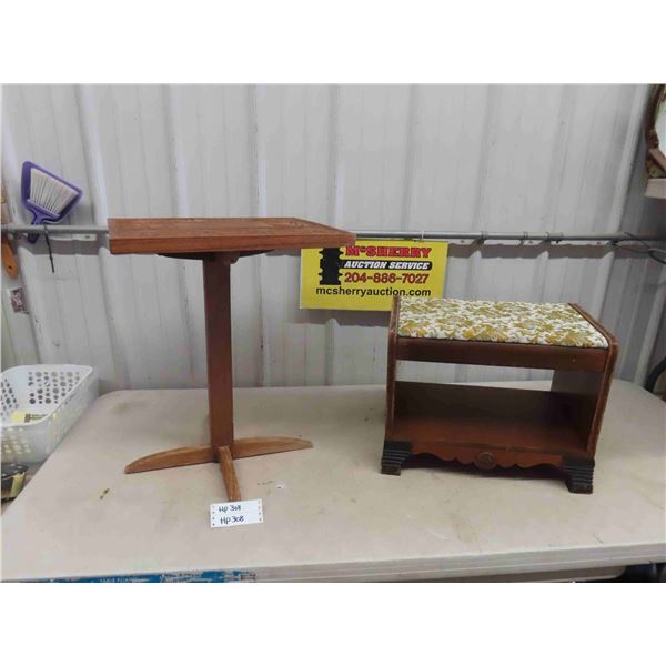 Upholstered Wood Bench 12" X 15" x 19" + Carved Top Table 14.5" x 18" x 23" 