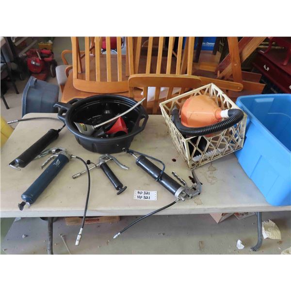 4 Grease Guns, Oil Change Bucket, Funnels