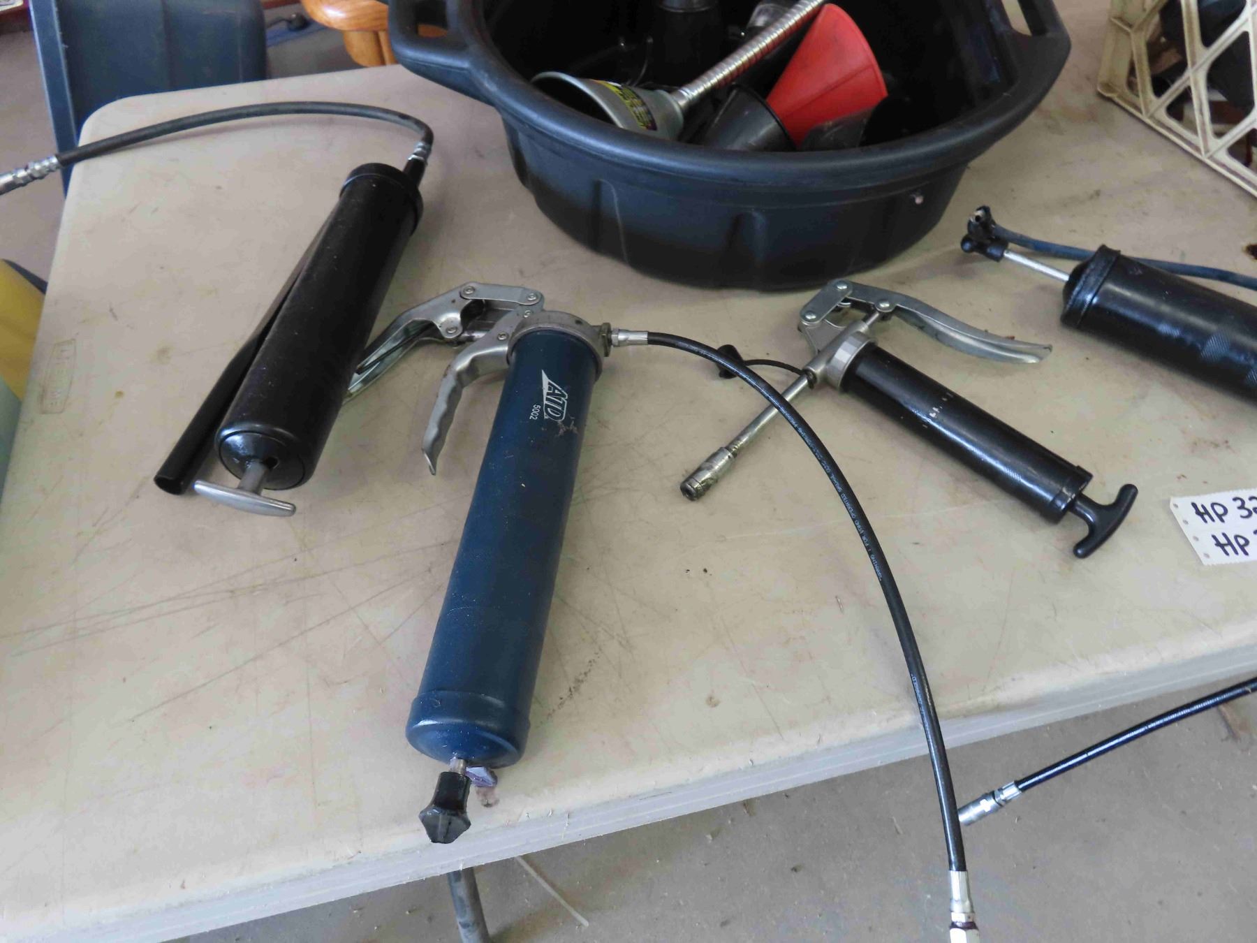 4 Grease Guns, Oil Change Bucket, Funnels