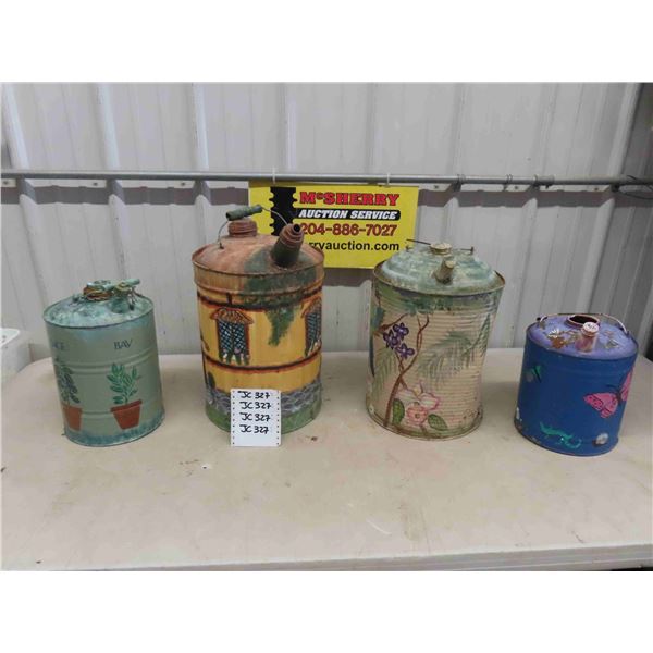 4 Painted Metal Gas Cans - Great Garden Art - 1 is Quite Dented