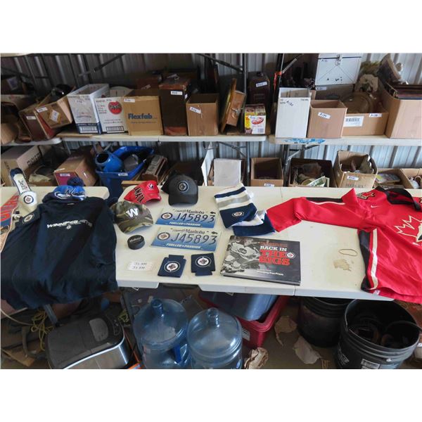 Hockey Memorabilia ; WPG Jets Plates, Pennants, Woman's Shoe Bottle Holder, 