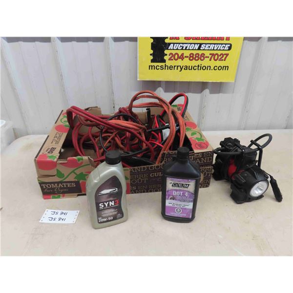 Several Pairs of Booster Cables, 12V Air Pump, Synthetic Oil, Brake Fluid