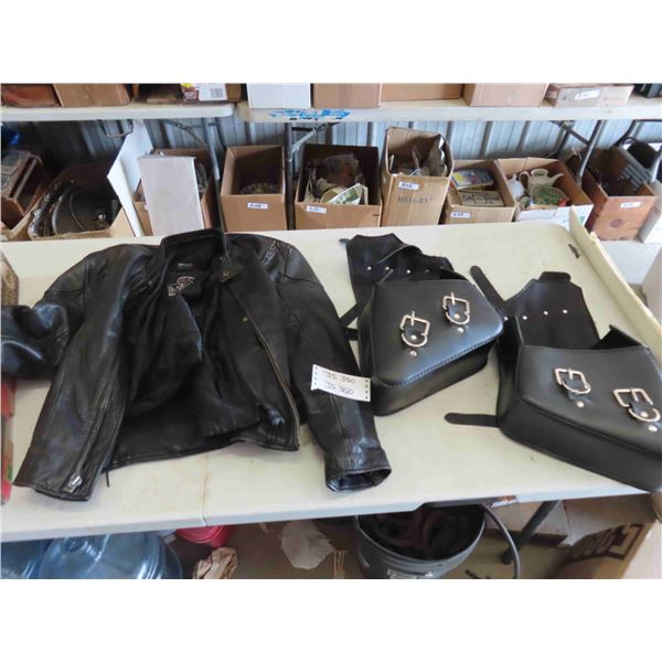 Shaf Leather Biker Jacket sz Med??, 2 Leather Saddle Bags