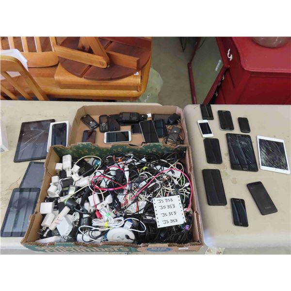 Assorted Cell Phones, Tablets + Plugs +  Cords - Most Phones Appear Damaged