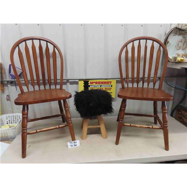 2 Matching Wooden Kitchen / Dining Chairs, Woolly Top Stool