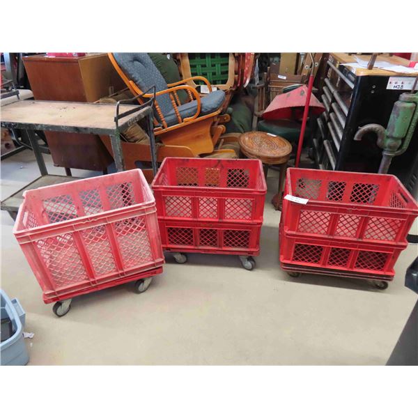 3 Rolling Plastic Work Carts 15.5" x 22"x 23.5" - Stackable - 3 Bases, 5 Crates