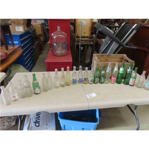 24 Assorted Pop Bottles with Wooden Crate ; Mission, Crush, Pepsi, plus more