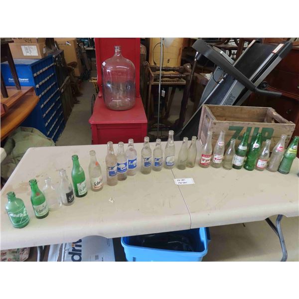 24 Various Pop Bottles with Wooden Crate; Sun Crest, Wynola, Wink, Schweppes,