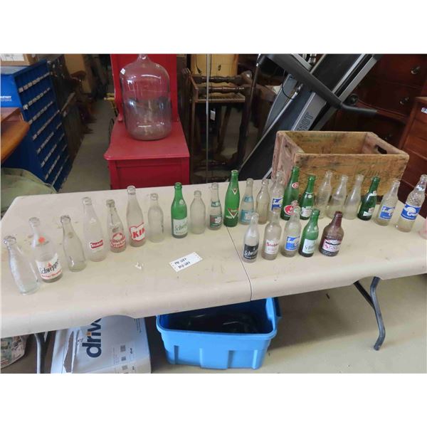 28 Assorted Pop Bottles with Wooden Crate ; Stubby, Sun Crest, Canada Dry, 