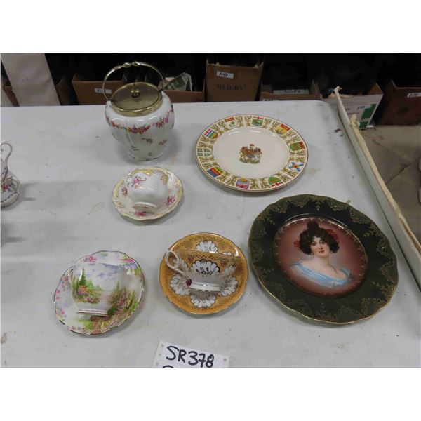 Assorted Fine China Biscuit Jar, 3 Cups + Saucers, 2 Plates