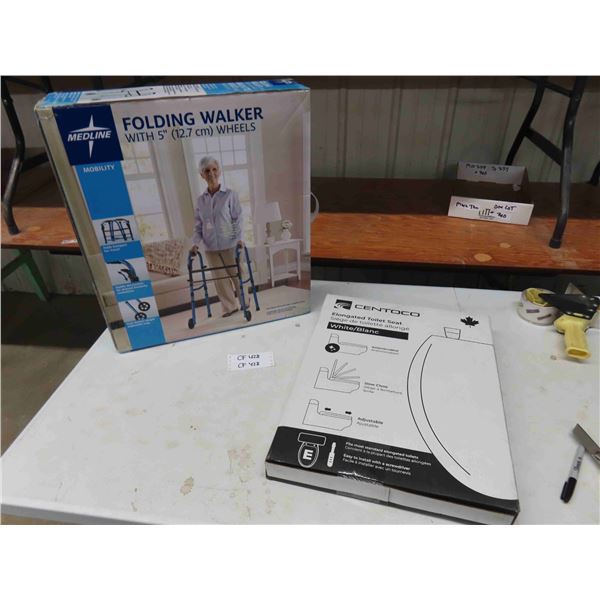 Medline Folding Walker in Box Centoco Elongated White Toilet Seat New in Box