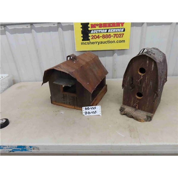 2 Rustic Bird House + Feeder - Wood with Metal Roof