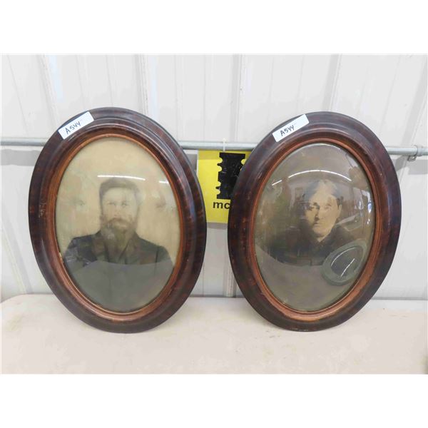 2 Very Old Convex Glass Oval Pictures Gramma + Grampa 18" x 24" 