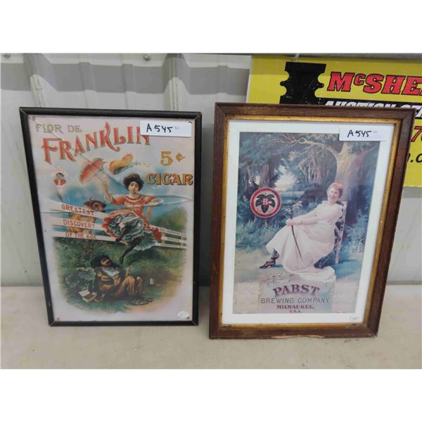 2 Framed Advertisements ; Pabst Calendar + Franklin 5 cent Cigar - Both Modern 