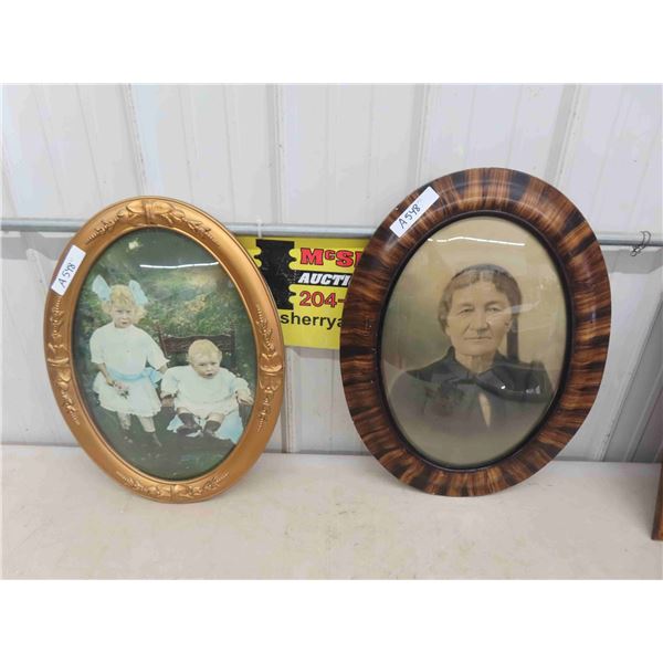2 Antique Oval Convex Glass Pictures ; Brother + Sister , Grandma - Both Have Been
