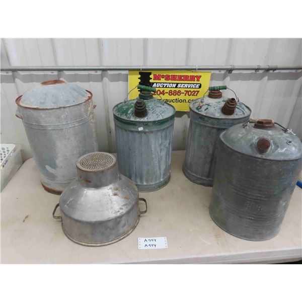 Various Galvanized Fuel Cans, Strainer - 1 Marked CPR