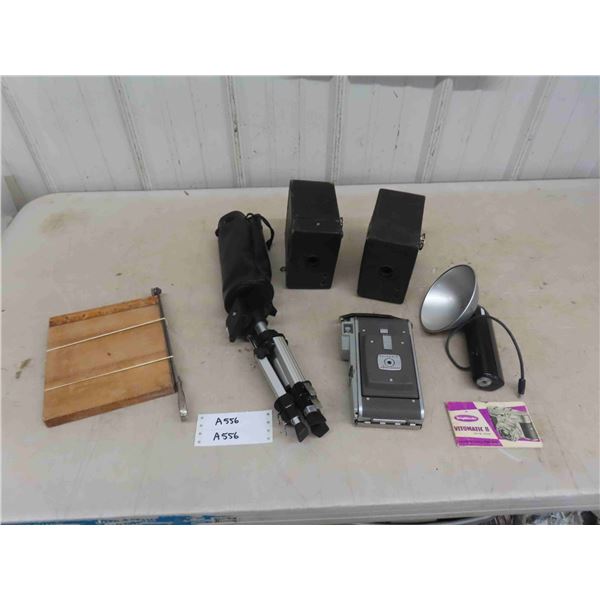 Vintage Cameras, Tripod, Flash, Picture Cutter