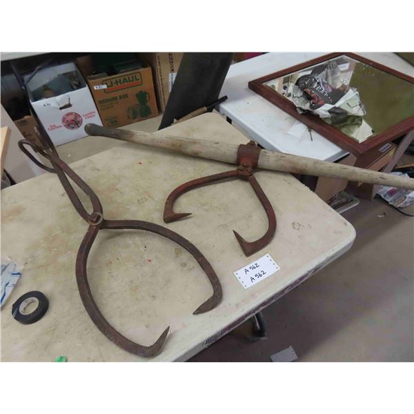 2 Antique Log Moving Tools - 1 Solid Cast, 1 Wood + Cast - Great Wall Décor
